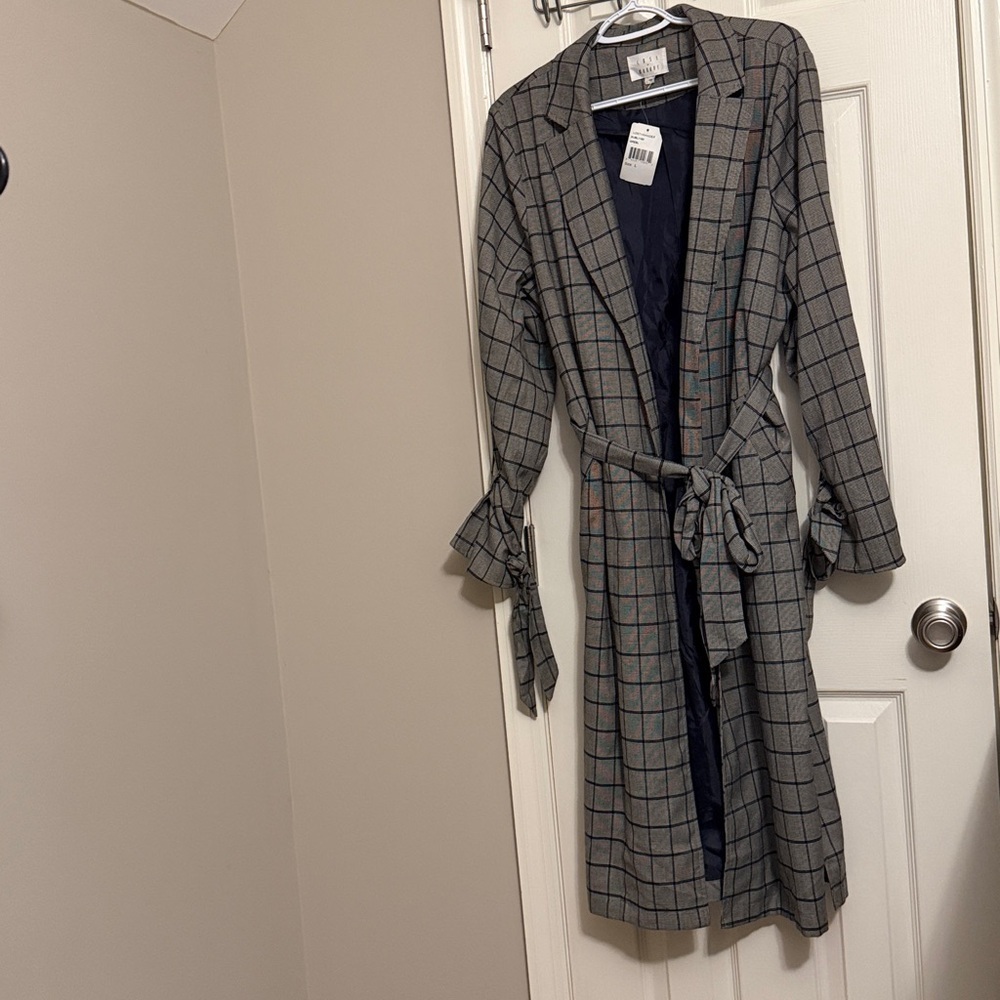 Lost and Wander blue grey plaid belted trench coat M